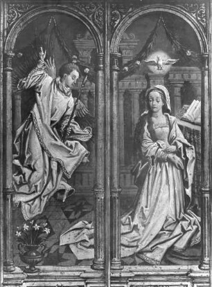 Sayn, Prämonstratensen-Klosterkirche, Verkündigung, Tabernakeltüren um 1535