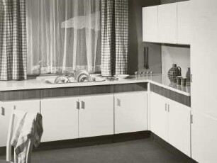 Flachstrecke mit Spüle : Anbauküche (1973). Anbauschrank und Flachstrecke mit Spüle