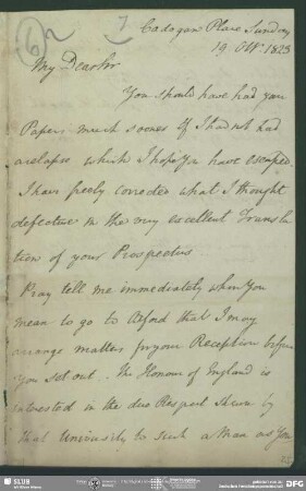 Eigenh. Brief von James Mackintosh an August Wilhelm von Schlegel, London, 19.10.1823