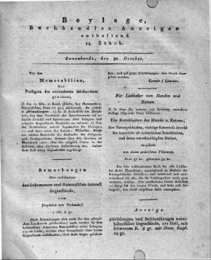 1802-10-30 : Beylage, Buchhändler Anzeigen enthaltend. 14. Stück.