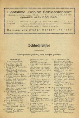 Einwohner-Verzeichnis, nach Straßen geordnet