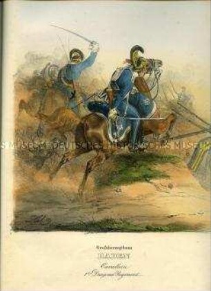 Uniformdarstellung, Dragoner des 1. Dragoner-Regiments im Angriff zu Pferd, Großherzogtum Baden, 1835/1843. Tafel 317 im Buch: Eckert/Monten: Das deutsche Bundesheer in charakteristischen Gruppen.