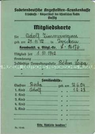 Mitgliedskarte der Sudetendeutschen Angestellten-Krankenkasse - Familienkonvolut