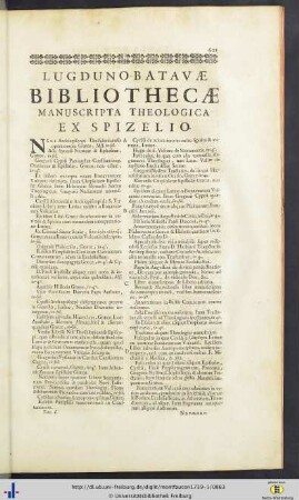 Lugdunobatavae Bibliothecae Manuscripta Theologica Ex Spizelio.