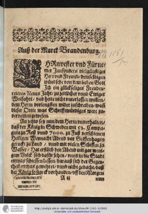 Auß der Marck Brandenburg.