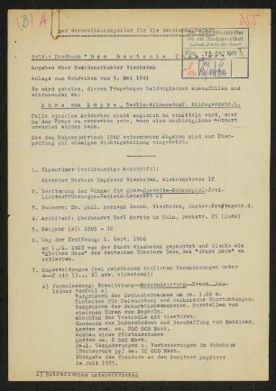 Residenztheater, Wiesbaden: Fragebogen für das Handbuch »Das Deutsche Theater«, vierseitiges Dokument
