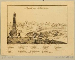 Aussicht vom Lilienstein nach Osten über das Elbtal und die Sächsische Schweiz mit Legende, links Obelisk zum Gedenken an die Besteigung durch August den Starken 1708, aus Albina - Taschenbuch für Wanderer in der sächs. Schweiz