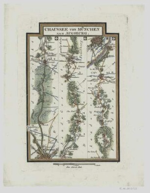 Reisekarte von München nach Augsburg, 1:110000, Kupferstich, um 1800 : Chaussée Von München Nach Augsburg. - [Ca. 1:110.000]. - [München : Joseph Lentner, um 1800]. - 1 Kt. : Kupferst., 14 x 19 cm