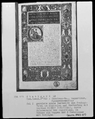 Augustinus, Psalmenkommentar — Gerahmte Textseite zum Prolog, Folio Irecto