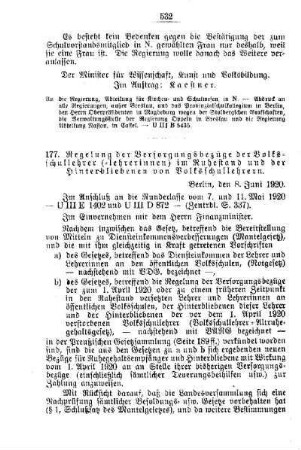 Regelung der Versorgungsbezüge der Volksschullehrer (-lehrerinnen) im Ruhestand und der Hinterbliebenen von Volksschullehrern : [H. Öffentliches Volksschulwesen]