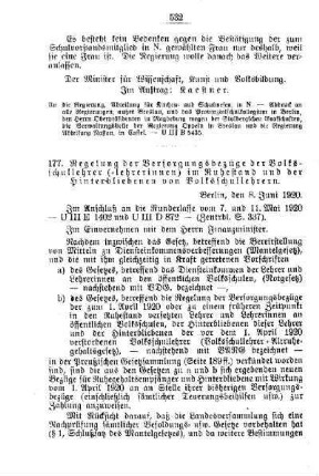 Regelung der Versorgungsbezüge der Volksschullehrer (-lehrerinnen) im Ruhestand und der Hinterbliebenen von Volksschullehrern : [H. Öffentliches Volksschulwesen]