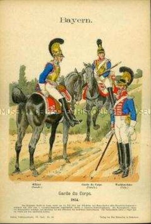 Uniformdarstellung, Offizier, Gardist und Wachtmeister der Garde du Corps in Parade- bzw. Gala-Uniform, Königreich Bayern, 1814.