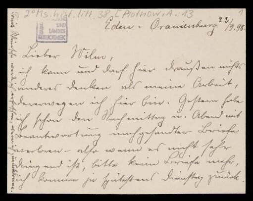 Brief von Anna Plothow an Wilhelm Schwaner