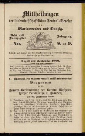 Acht und Zwanzigster Jahrgang. No. 8. u. 9. August und September 1860.