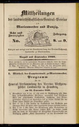Acht und Zwanzigster Jahrgang. No. 8. u. 9. August und September 1860.