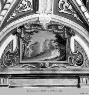 Freskenausstattung der Galleria : Dekoration der Wand an der Längsseite : Waldlandschaft
