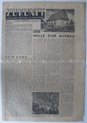 Erste Nummer der Lagerzeitung "Zukunft" für deutsche Kriegsgefangene in einem britischen Lager in Ägypten u.a. zur Landung der Alliierten und zur Kapitulation