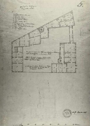 Dresden, Residenzschloss, Stallhof, Rüstkammergebäude, Grundriss des 2. Obergeschosses, farbig getuschte Zeichnung