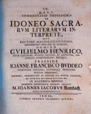 Commentatio theol. de idoneo sacrarum literarum interprete