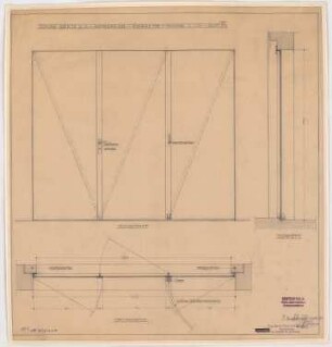 Fabrik Sigmund Goeritz AG, Chemnitz: Kohlenbunkeranlage, Eisernes Tor, Ansicht, Schnitt, Grundriss 1:10