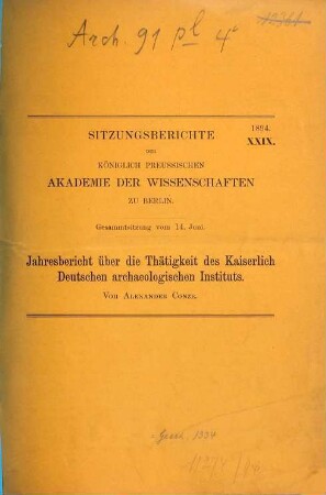 Jahresbericht über die Thätigkeit des Kaiserlich-Deutschen Archäologischen Institutes. 1893/94