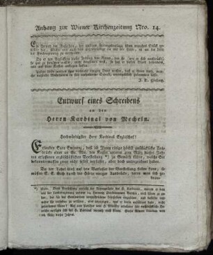 Entwurf eines Schreibens an den Herrn Kardinal von Mecheln.