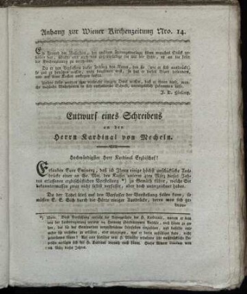 Entwurf eines Schreibens an den Herrn Kardinal von Mecheln.