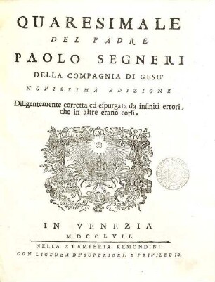 Quaresimale Del Padre Paolo Segneri Della Compagnia Di Giesù