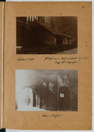 St. Jacobi, Stralsund. Durchgang unter dem Rathaus, Stralsund: Ansicht Anbau an der Nordseite St. Jacobis, Innenansicht Durchgang (aus: Skizzen- und Fotoalbum 25)