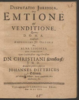 Disputatio Iuridica, De Emtione & Venditione