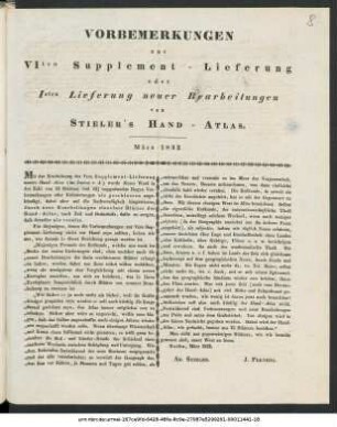 Vorbemerkungen zur VIten Supplement-Lieferung oder Isten Lieferung neuer Bearbeitungen von Stieler's Hand-Atlas : März 1832