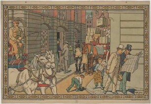 Schaubild aus der Reihe Arbeit: Großstädtische Geschäftsstraße mit Fuhrwerken und Zeitungslesern und -verkäufern, aus der Serie "The Fitzroy Pictures" (Schaubilder für Kinder)