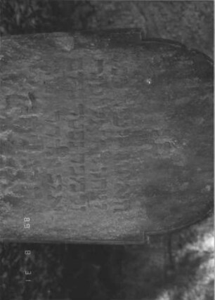 Grabstein 350 (Index: 99609987) Material: Sandstein Zustand: stark verwittert, teilweiser Textverlust Maße HxBxT: 84x55x10 cm Beschreibung: Stele, eingezogener Rundbogenabschluß, Schriftfeld abgegrenzt: Grabstein 350A
