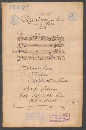 Quartette; strings, fl, bc; D-Dur; GraunWV A:XIV:1