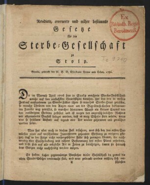 Revidirte, erneuerte und näher bestimmte Gesetze für die Sterbe-Gesellschaft zu Stolp