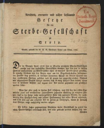 Revidirte, erneuerte und näher bestimmte Gesetze für die Sterbe-Gesellschaft zu Stolp