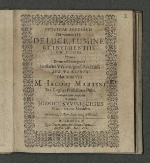 Physicae Specialis Disputatio III. De Luce, Lumine Et Influentiis Coelestibus