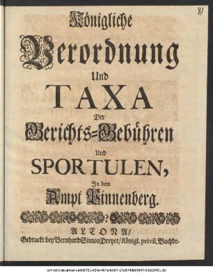 Königliche Verordnung Und Taxa Der Gerichts-Gebühren Und Sportulen, Jn dem Ampt Pinnenberg