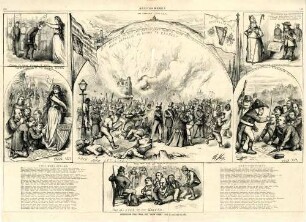 Something that will not "blow over". - July 11 and July 12, 1871 : die Zeichnung besteht aus 2 Textblöcken und 7 Bildern, von denen eines beschrieben wird: Katholischer Mob, dargestellt durch Iren, greift protestantische Iren, europäische Staatsoberhäupter, Afroamerikaner, Chinesen und Indianer an. Uncle Sam zieht den Säbel, um die Opfer zu verteidigen