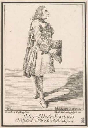Il Signor Abbate Segretario (Abt Tioli, Sekretär des Kardinals von San Cesareo, d. i. Giovanni Francesco Albani), Bl. 15 der "Raccolta di XXIV Caricature", Dresden 1750