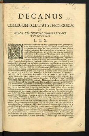 Decanus Et Collegium Facultatis Theologicae In Alma Studiorum Universitate Tubingensi L. B. S.