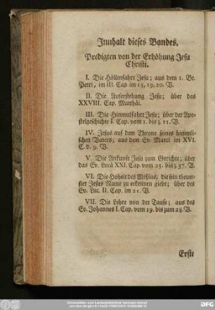 Innhalt dieses Bandes. Predigten von der Erhöhung Jesu Christi.