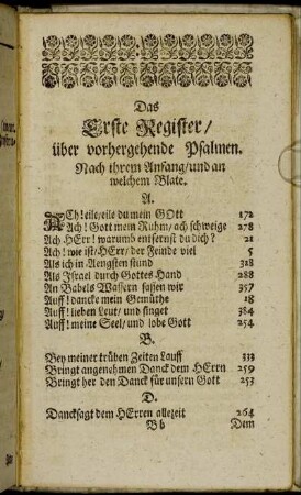Das Erste Register/ über vorhergehende Psalmen. Nach ihrem Anfang/ und an welchem Blate.