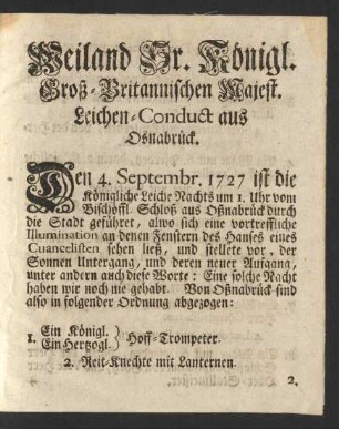 Weiland Sr. Königl. Groß-Britannischen Majest. Leichen-Conduct aus Osnabrück.