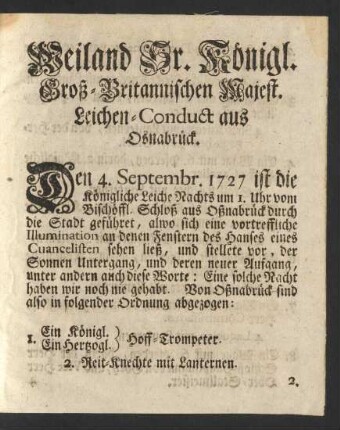 Weiland Sr. Königl. Groß-Britannischen Majest. Leichen-Conduct aus Osnabrück.