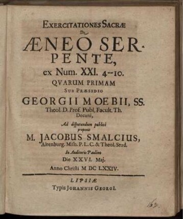 Exercitationes Sacrae De Aeneo Serpente, ex Num. XXI. 4 - 10.