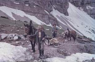 Mittenwald/Karwendel. Zwei Bauern mit Pferden und Schlitten