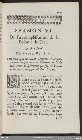 Sermon VI. De l'Accomplissement de la Volonte de Dieu