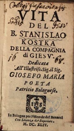 Vita del B. Stanislao Kostka della Compagnia di Giesu