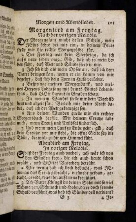101-109, Freytag - Sonnabend;Morgen-Lied; Abend-Lied; Muntere Fühstunde; Gott geheiligte Nacht-Stunde; Morgen-Lied; Abend-Lied